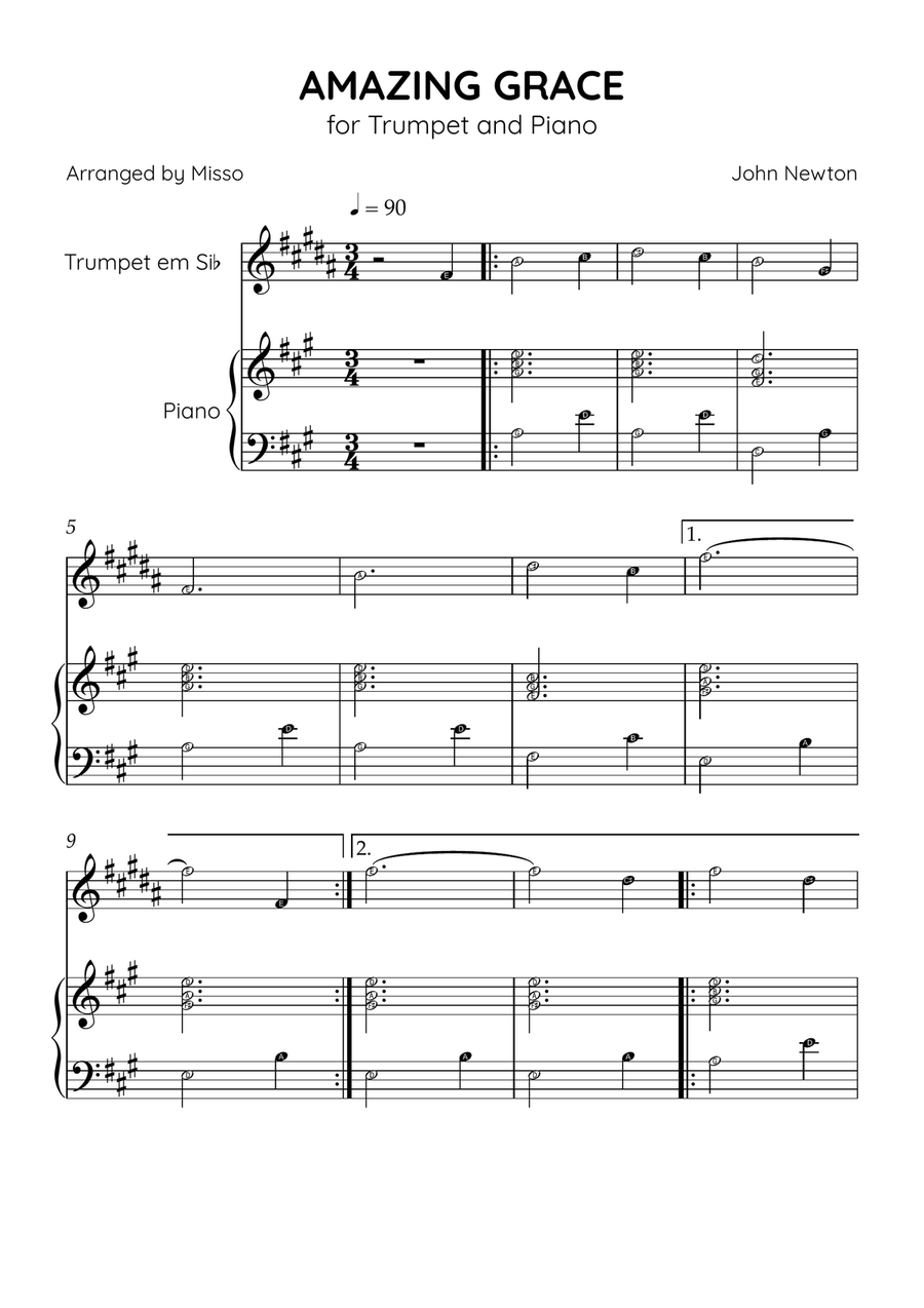 Amazing Grace - Trumpet Bb and Piano in A Major - Beginner Level Letter Names - Sheet Music B-Flat Trumpet scores gallery preview page 1