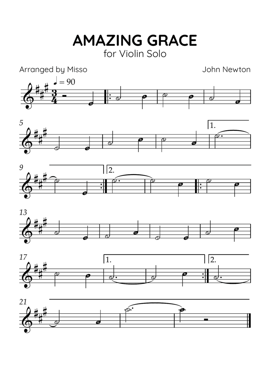 Amazing Grace - Violin Solo in A Major - Beginner Level Letter Names - Sheet Music Violin Solo scores gallery preview page 1