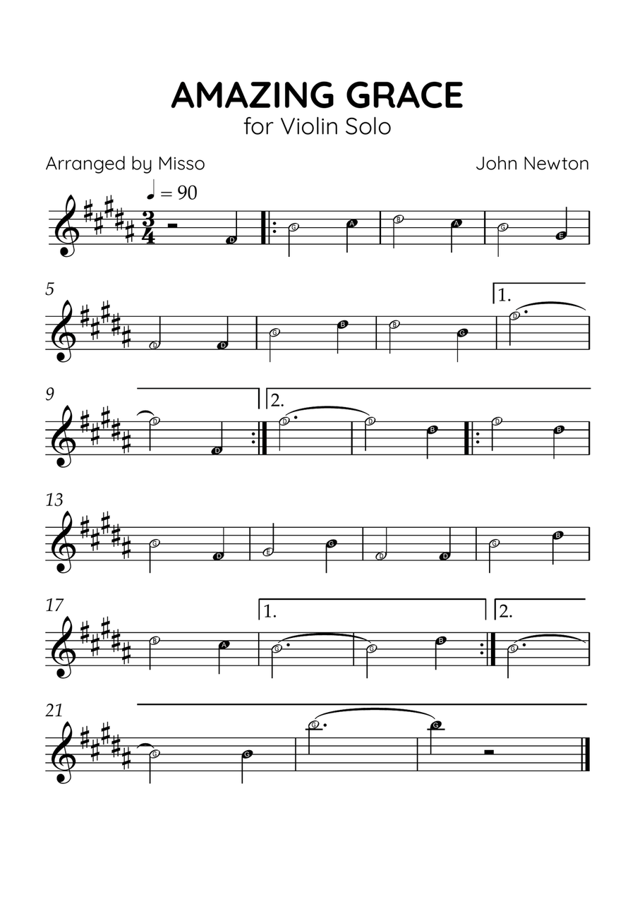 Amazing Grace - Violin Solo in B Major - Beginner Level Letter Names - Sheet Music Violin Solo scores gallery preview page 1