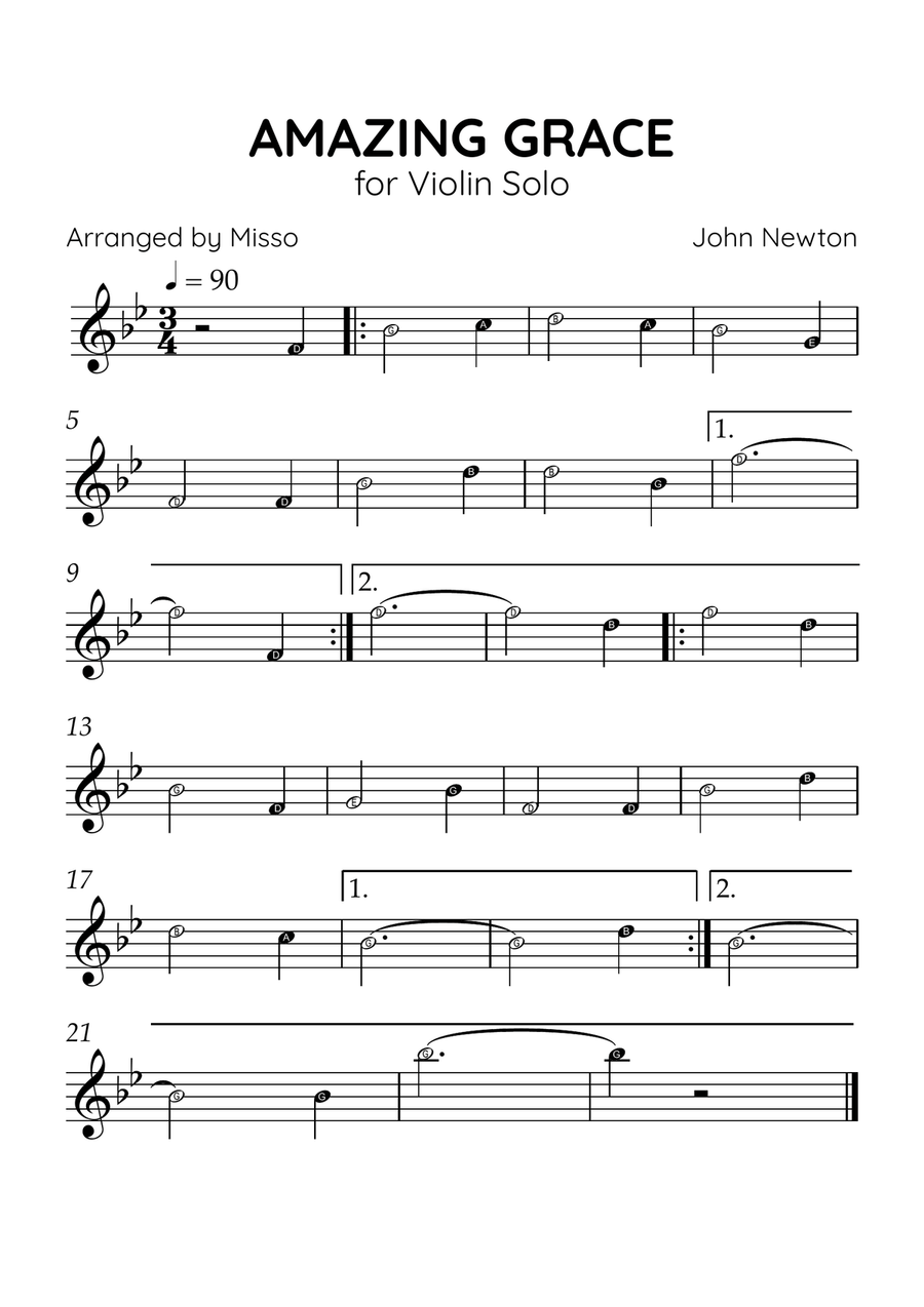 Amazing Grace - Violin Solo in Bb Major - Beginner Level Letter Names - Sheet Music Violin Solo scores gallery preview page 1