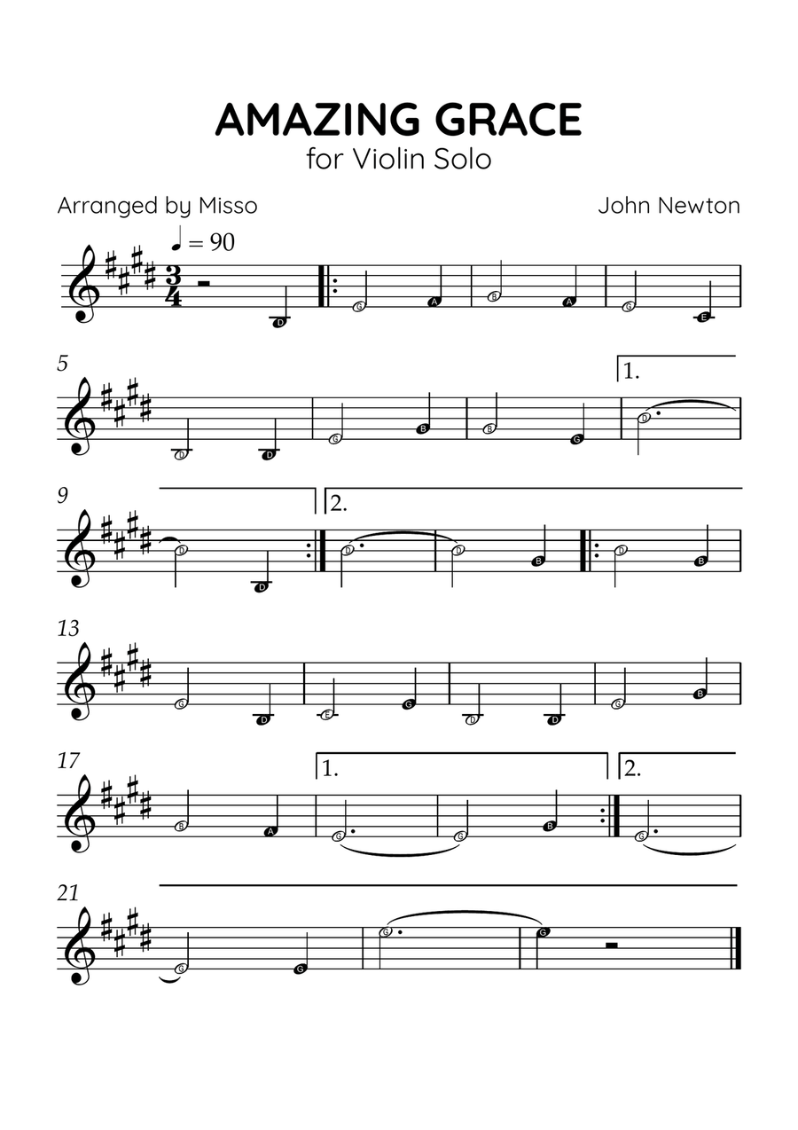 Amazing Grace - Violin Solo in E Major - Beginner Level Letter Names - Sheet Music Violin Solo scores gallery preview page 1