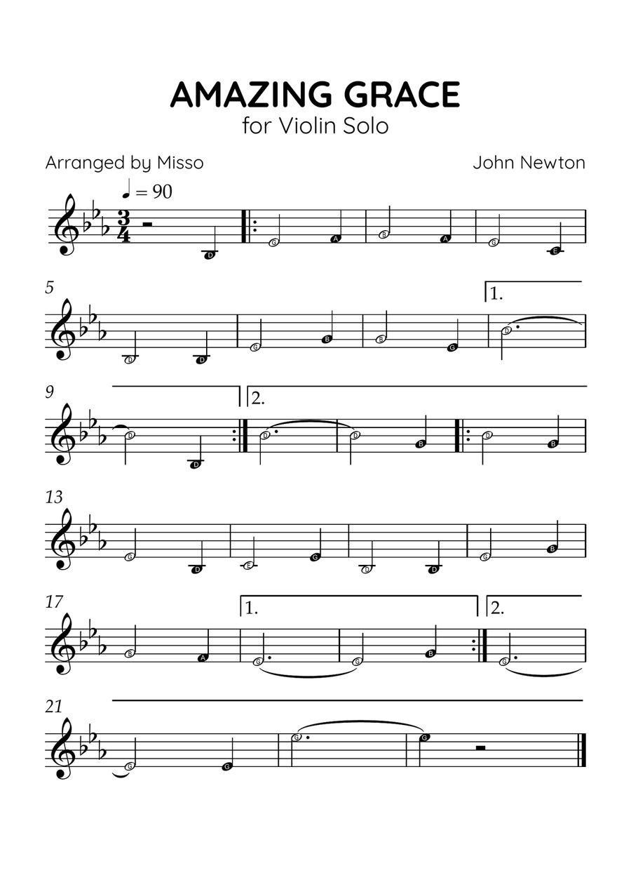 Amazing Grace - Violin Solo in Eb Major - Beginner Level Letter Names - Sheet Music Violin Solo scores gallery preview page 1