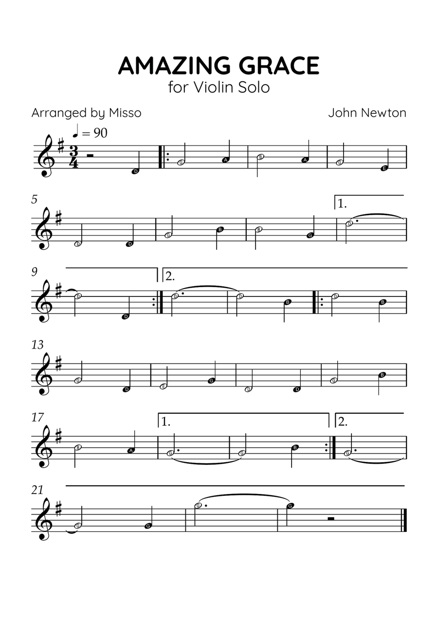 Amazing Grace - Violin Solo in G Major - Beginner Level Letter Names - Sheet Music Violin Solo scores gallery preview page 1