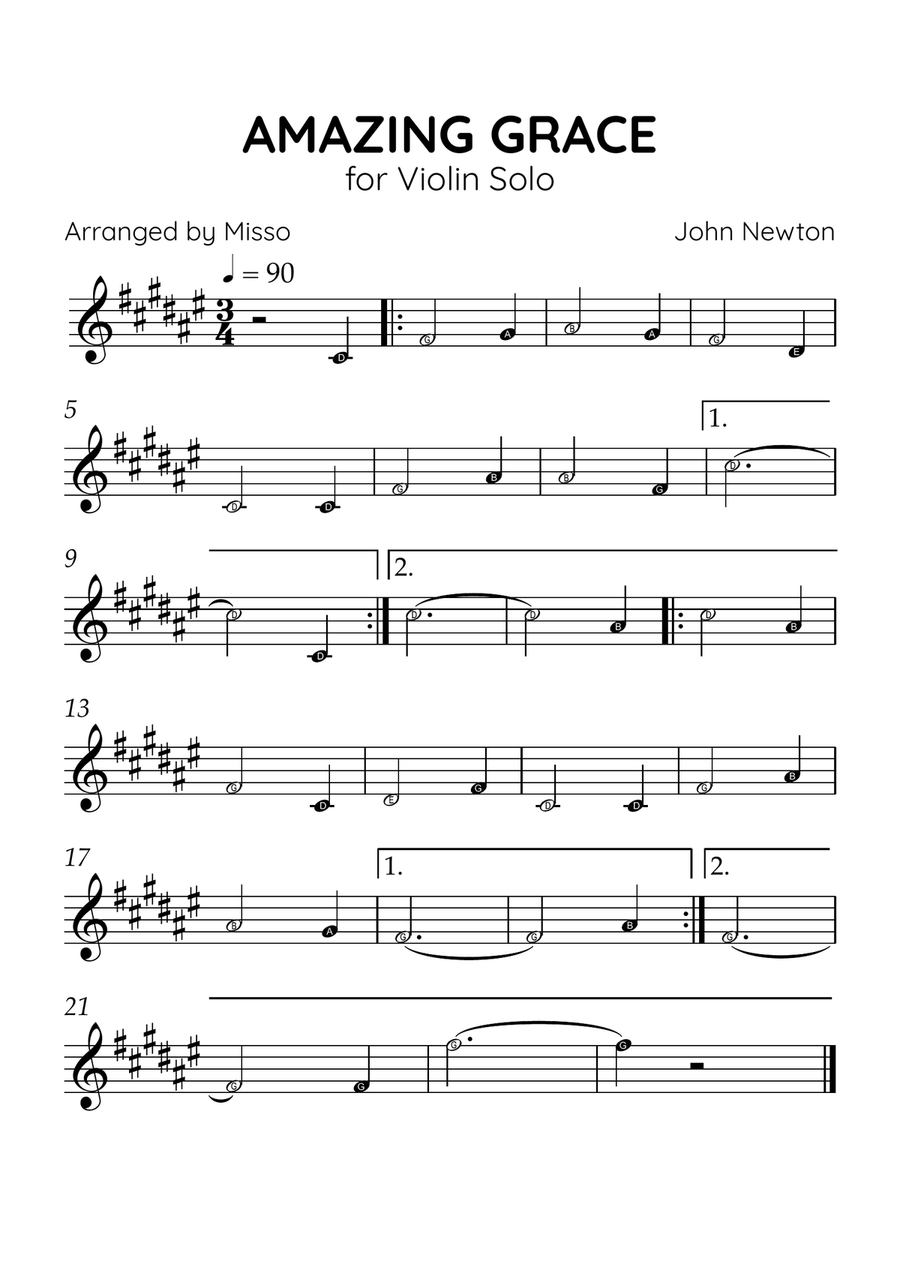 Amazing Grace - Violin Solo in F# Major - Beginner Level Letter Names - Sheet Music Violin Solo scores gallery preview page 1