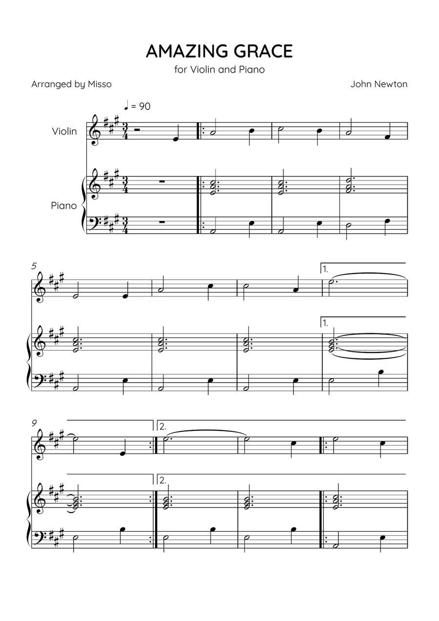 Amazing Grace - Violin and Piano in A Major - Beginner Level - Sheet Music Violin Solo scores gallery preview page 1