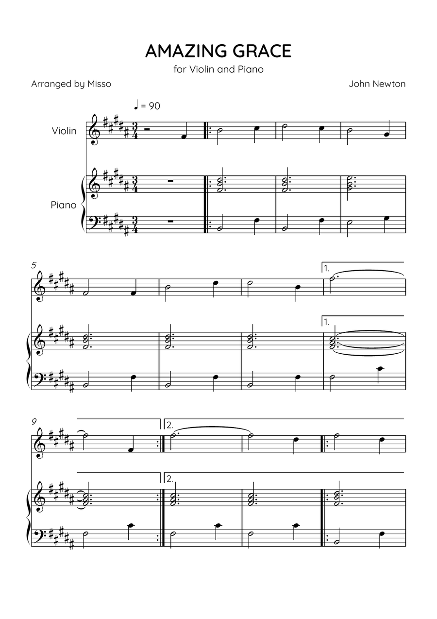 Amazing Grace - Violin and Piano in B Major - Beginner Level - Sheet Music Violin Solo scores gallery preview page 1