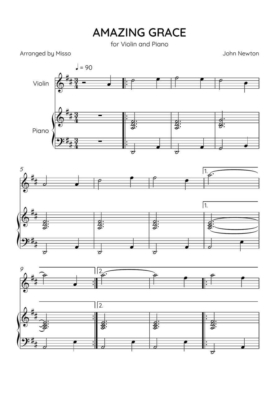 Amazing Grace - Violin and Piano in D Major - Beginner Level - Sheet Music Violin Solo scores gallery preview page 1
