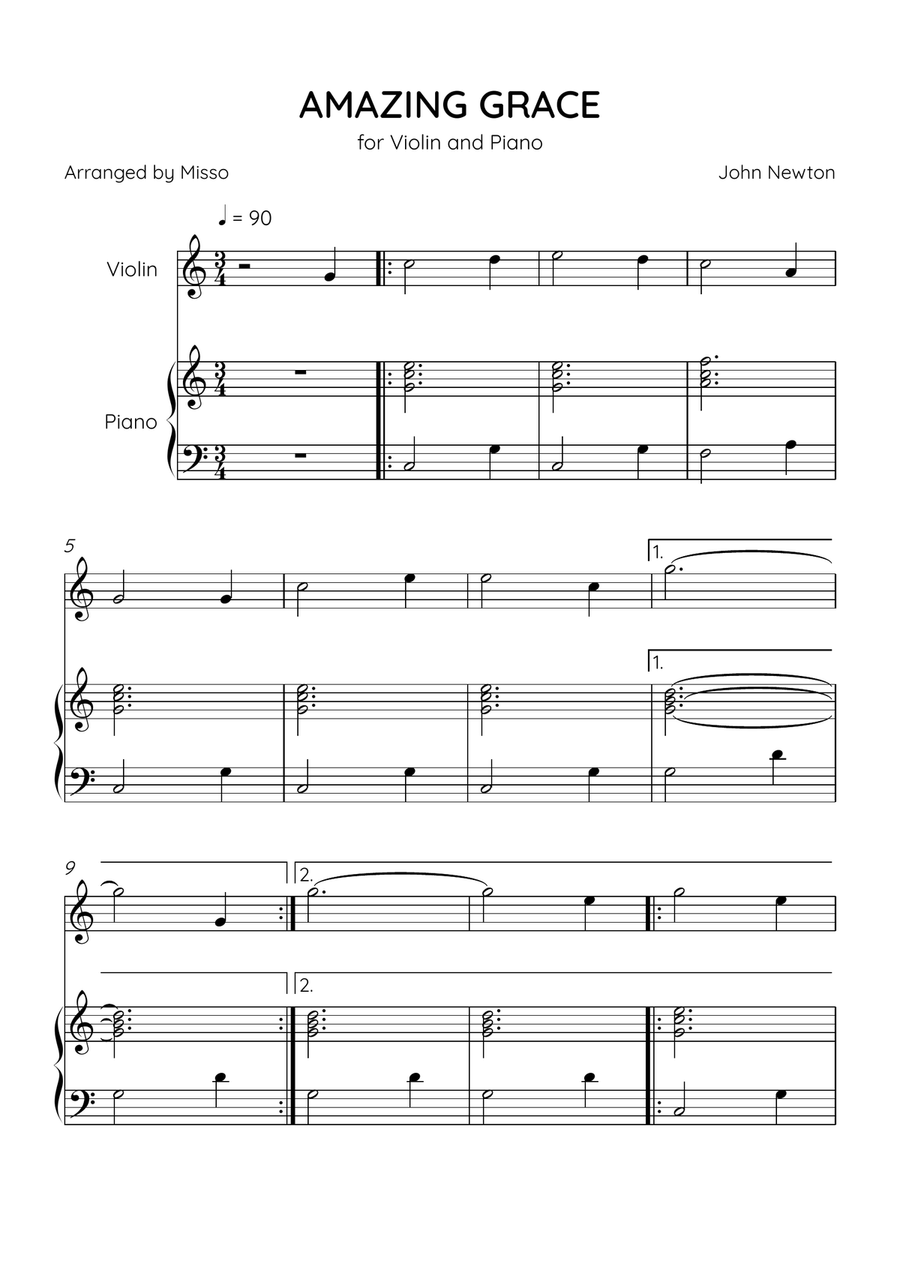 Amazing Grace - Violin and Piano in C Major - Beginner Level - Sheet Music Violin Solo scores gallery preview page 1