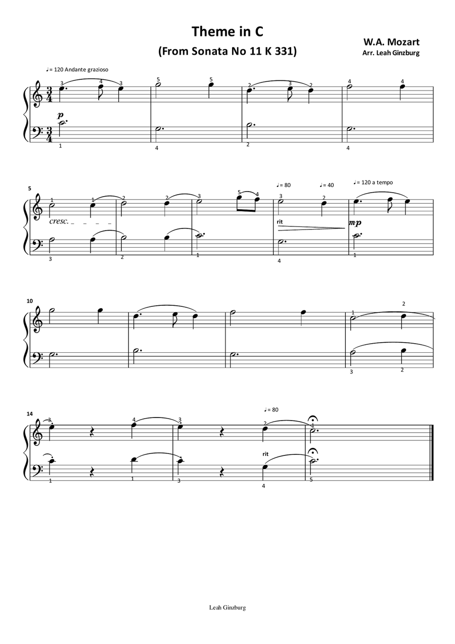 Theme in C by W.A. Mozart Easy Piano scores gallery preview page 1