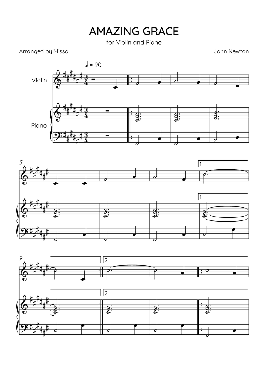 Amazing Grace - Violin and Piano in F# Major - Beginner Level - Sheet Music Violin Solo scores gallery preview page 1