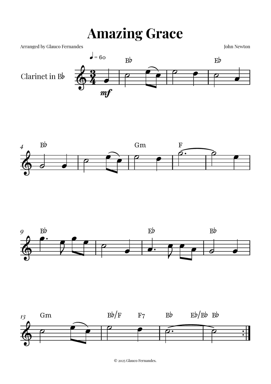 Amazing Grace - EASY PLAY for Clarinet B-Flat Clarinet scores gallery preview page 1