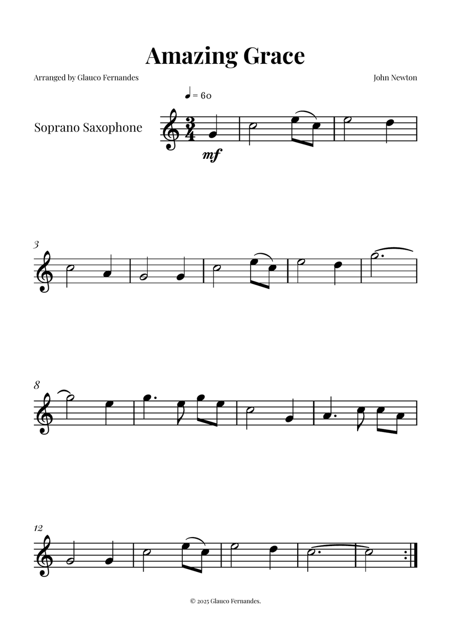 Amazing Grace - EASY PLAY for Soprano Sax Soprano Saxophone scores gallery preview page 1