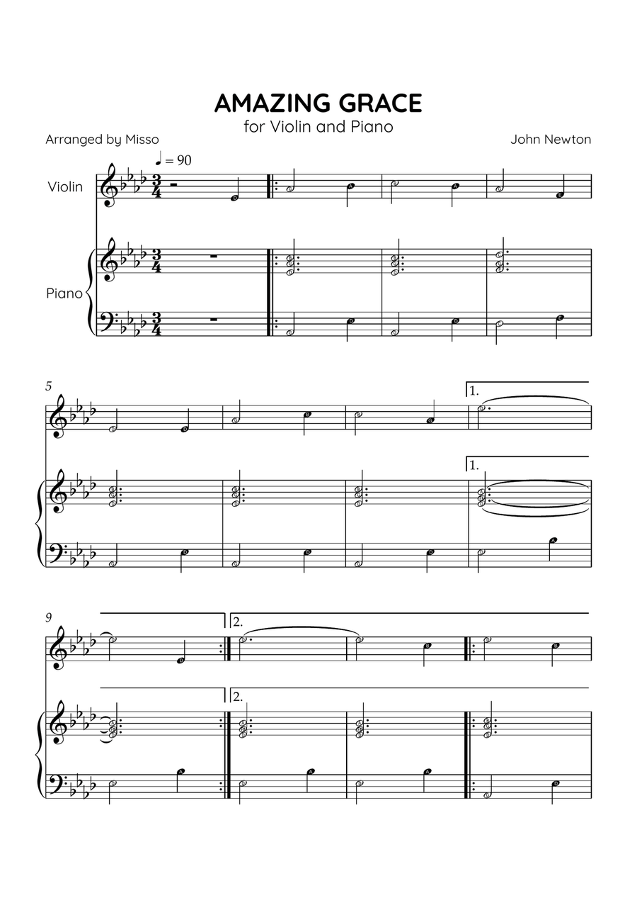 Amazing Grace - Violin and Piano in Ab Major - Beginner Level Letter Names - Sheet Music Violin Solo scores gallery preview page 1