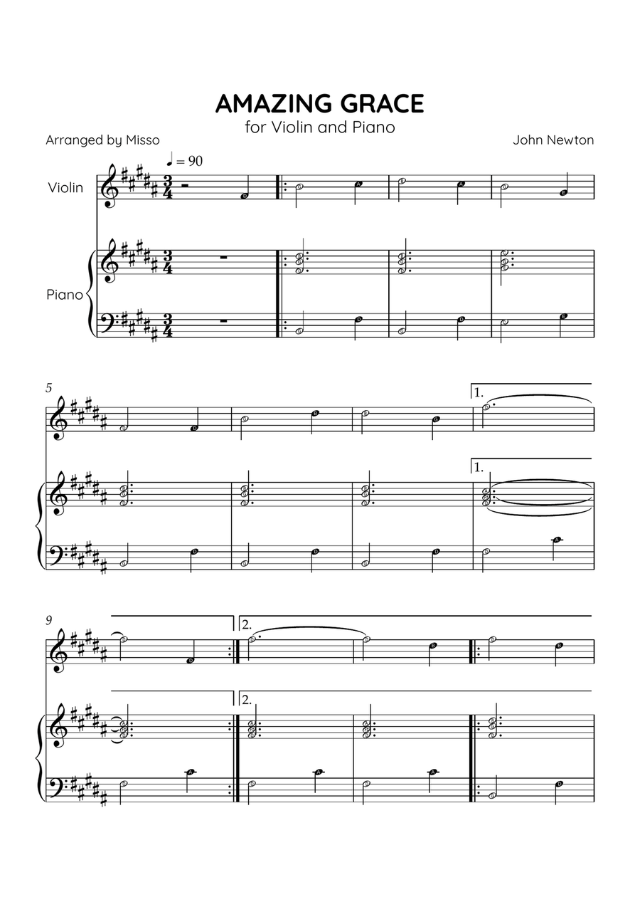 Amazing Grace - Violin and Piano in B Major - Beginner Level Letter Names - Sheet Music Violin Solo scores gallery preview page 1