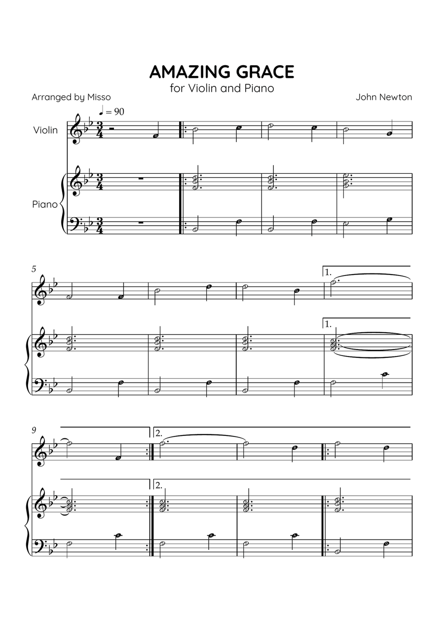 Amazing Grace - Violin and Piano in Bb Major - Beginner Level Letter Names - Sheet Music Violin Solo scores gallery preview page 1
