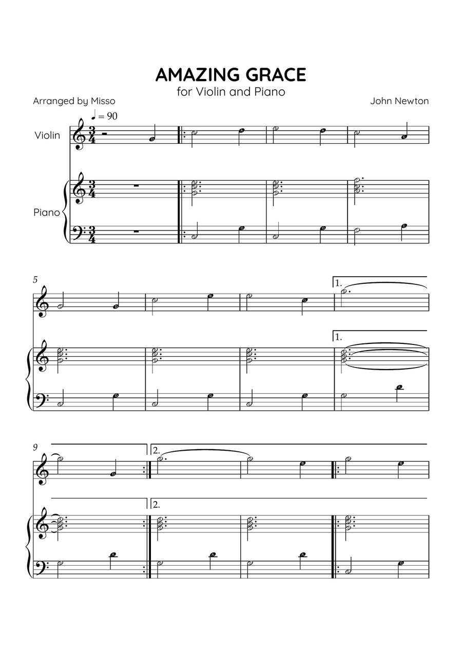Amazing Grace - Violin and Piano in C Major - Beginner Level Letter Names - Sheet Music Violin Solo scores gallery preview page 1