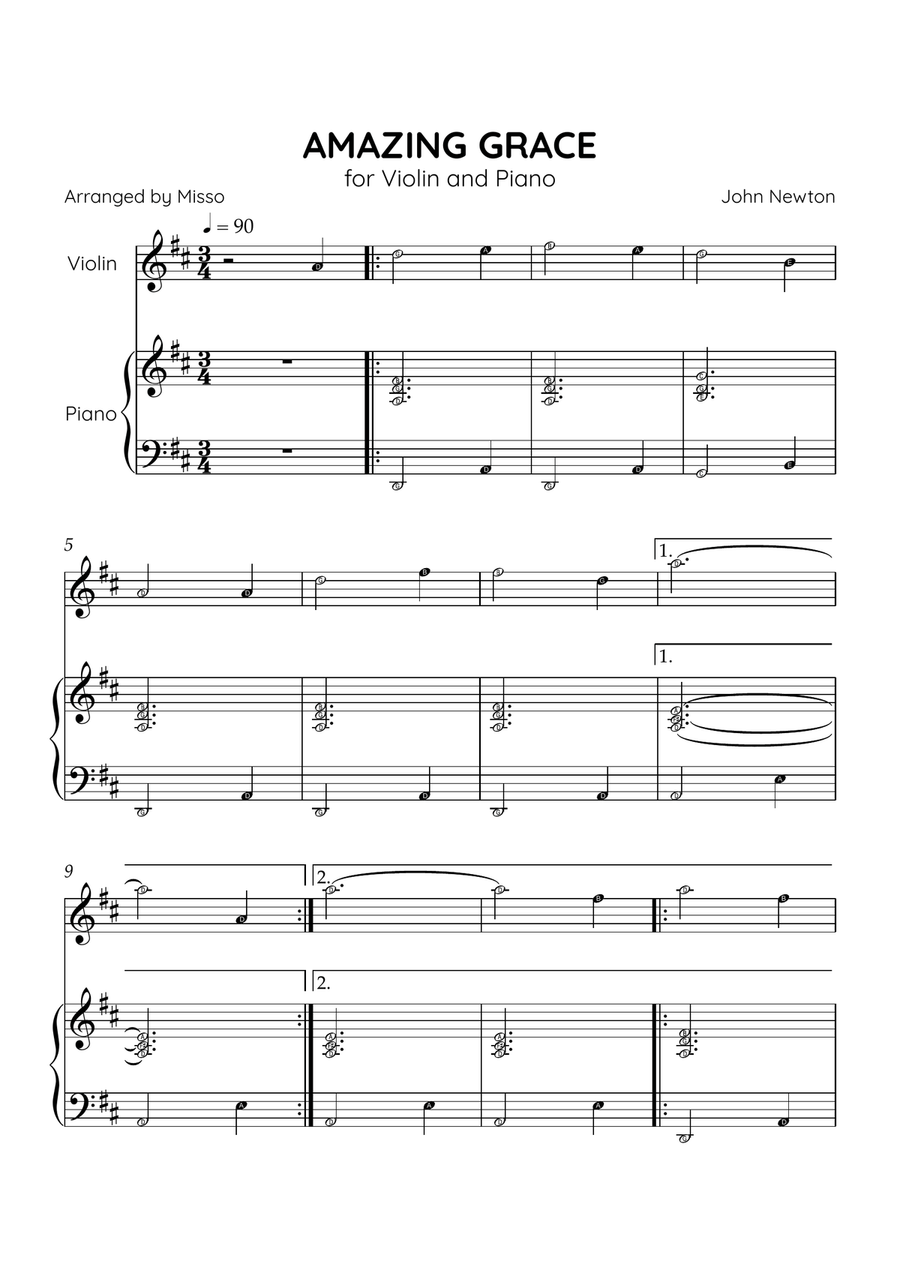 Amazing Grace - Violin and Piano in D Major - Beginner Level Letter Names - Sheet Music Violin Solo scores gallery preview page 1