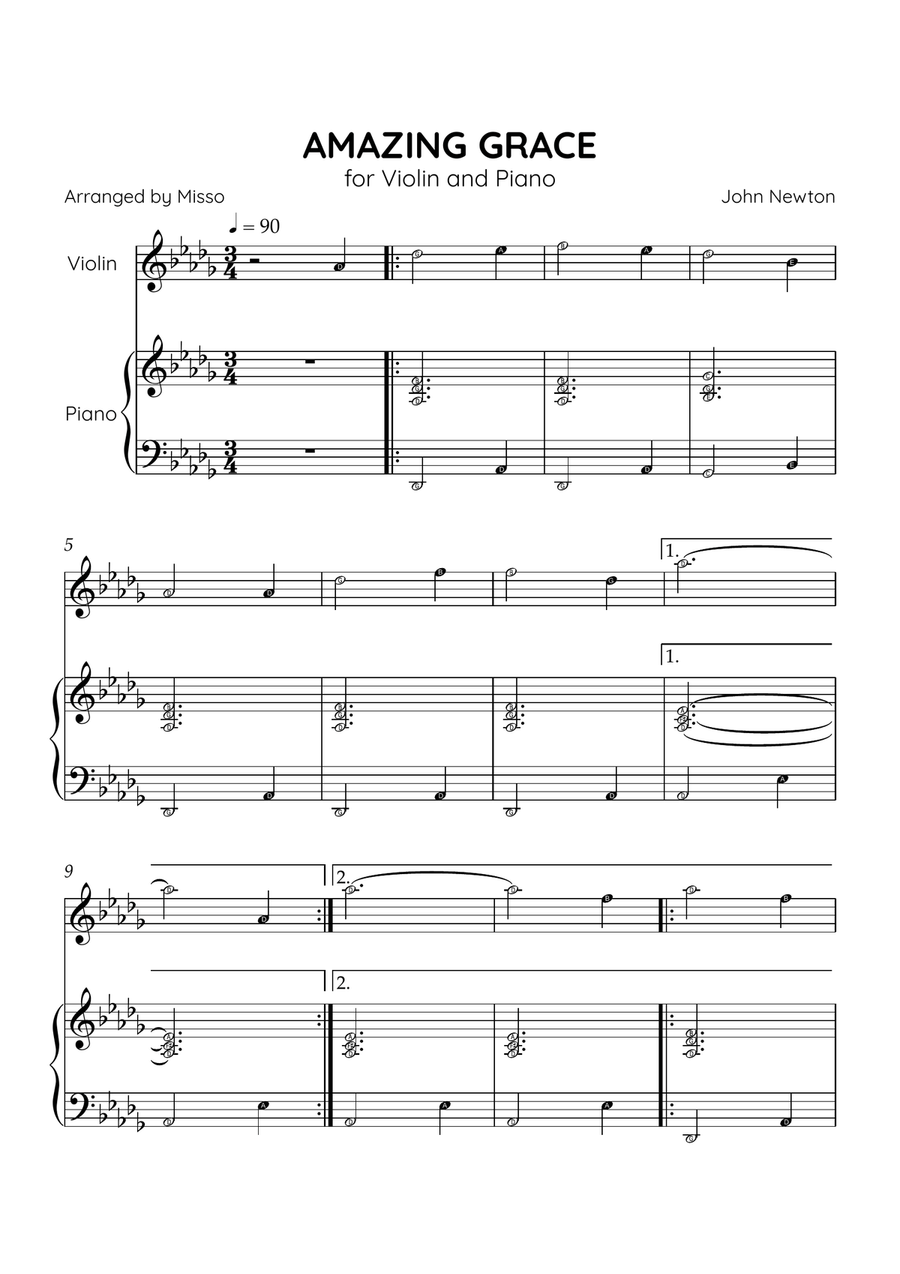 Amazing Grace - Violin and Piano in Db Major - Beginner Level Letter Names - Sheet Music Violin Solo scores gallery preview page 1