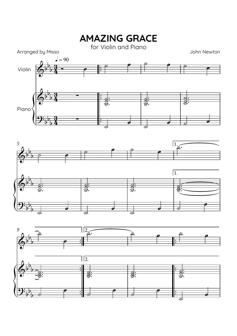 Amazing Grace - Violin and Piano in Eb Major - Beginner Level Letter Names - Sheet Music Violin Solo scores gallery preview page 1