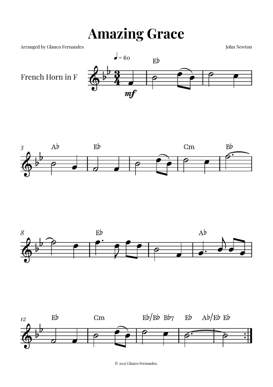 Amazing Grace - EASY PLAY French Horn Solo Horn Solo scores gallery preview page 1