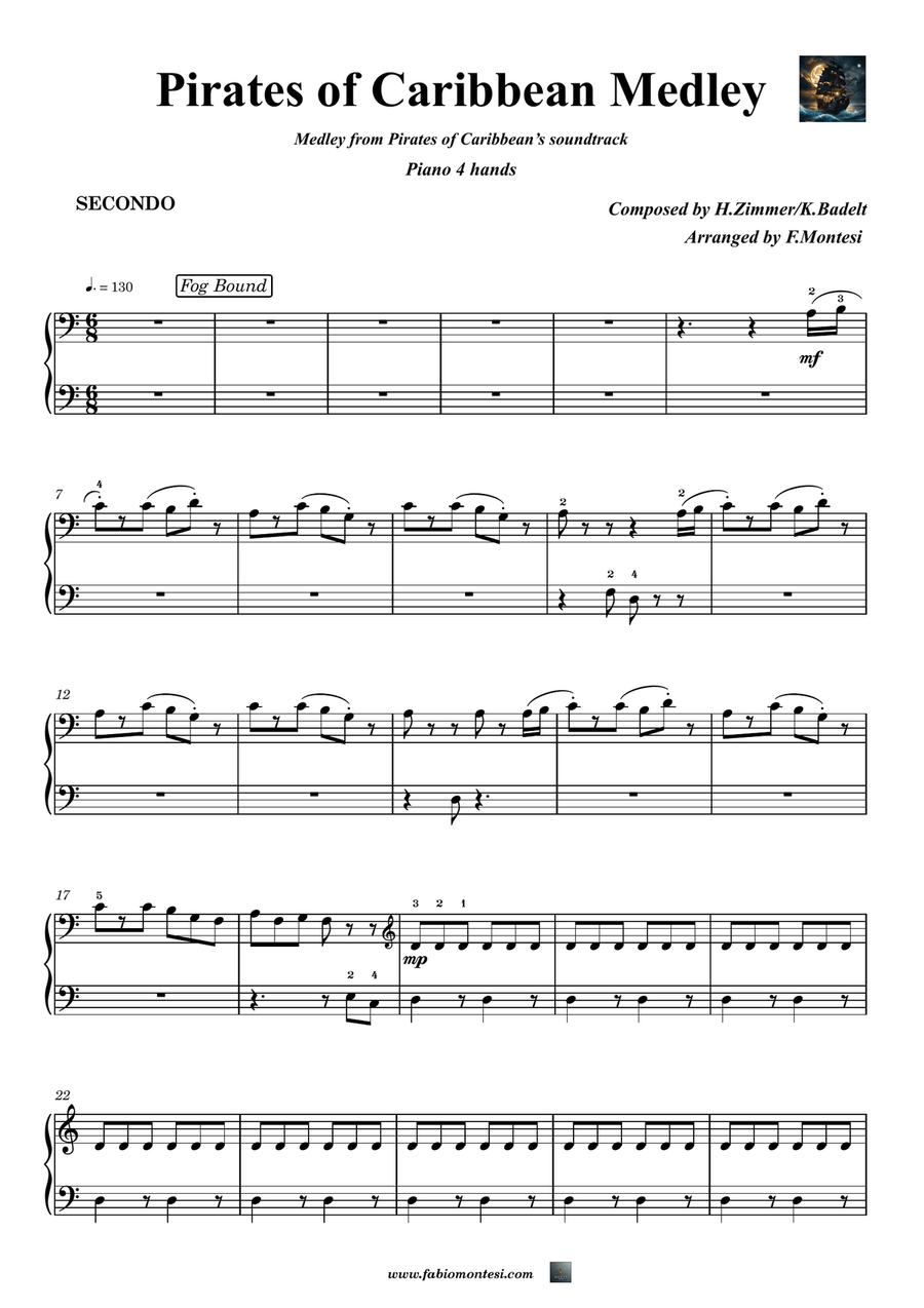 Medley: Fog Bound with The Medallion Calls, The Black Pearl, One Last Shot, and He's A Pirate 1 Piano, 4-Hands scores gallery preview page 4