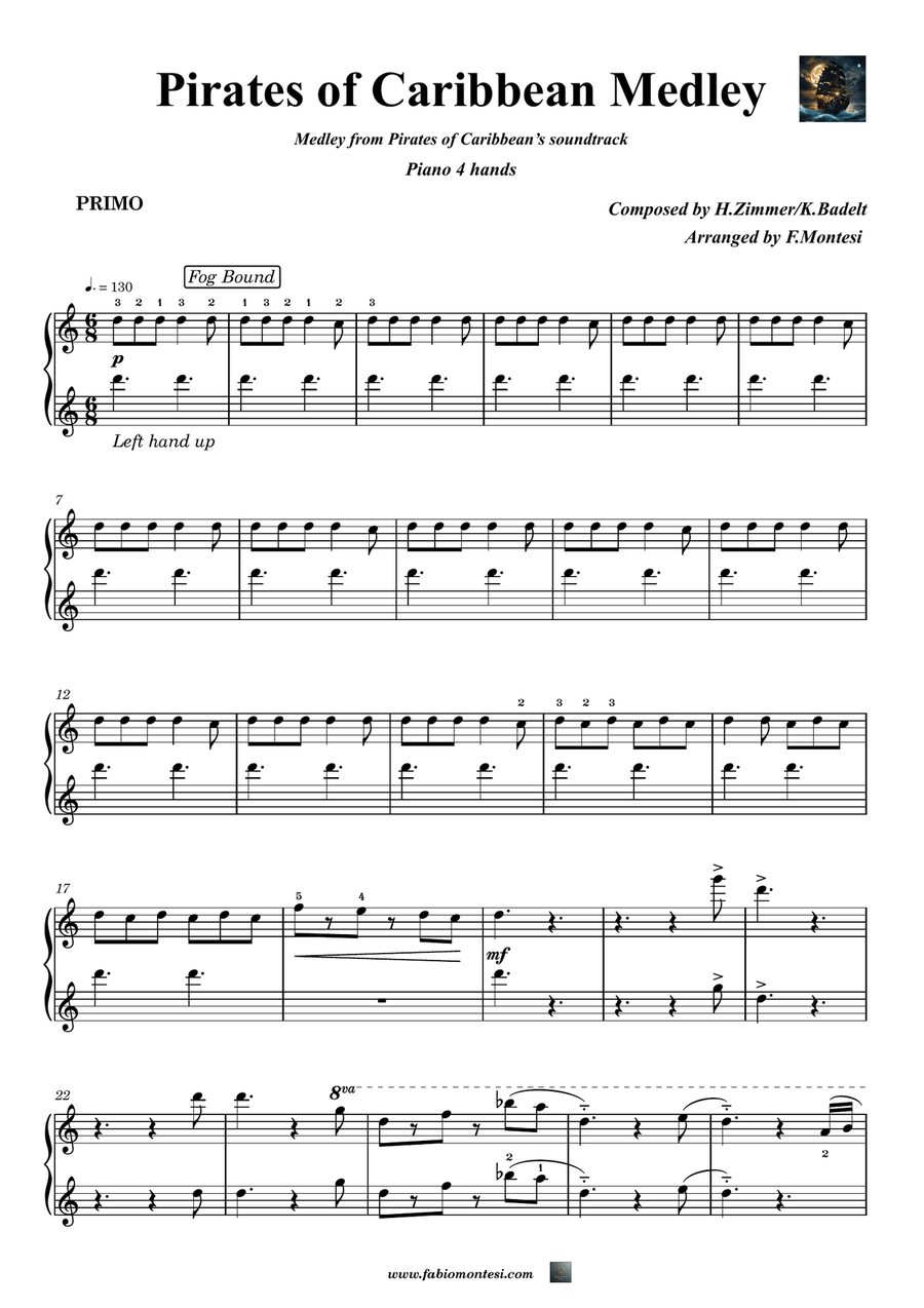 Medley: Fog Bound with The Medallion Calls, The Black Pearl, One Last Shot, and He's A Pirate 1 Piano, 4-Hands scores gallery preview page 5
