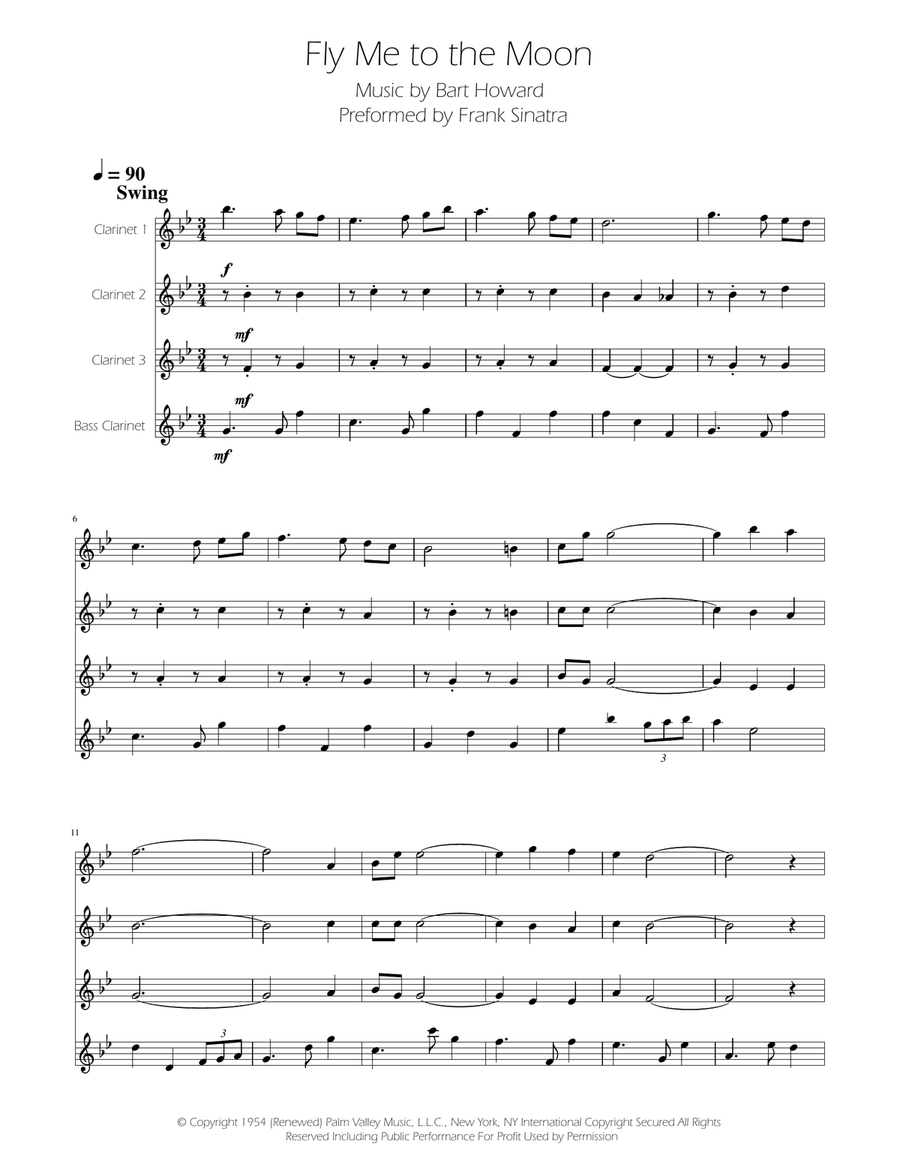 Fly Me To The Moon (In Other Words) Clarinet Quartet scores gallery preview page 1