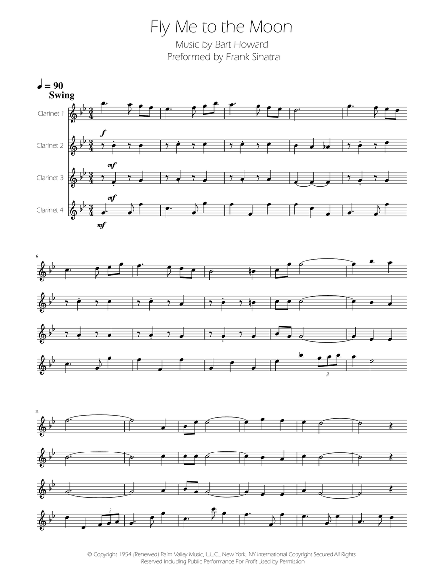 Fly Me To The Moon (In Other Words) Clarinet Quartet scores gallery preview page 1