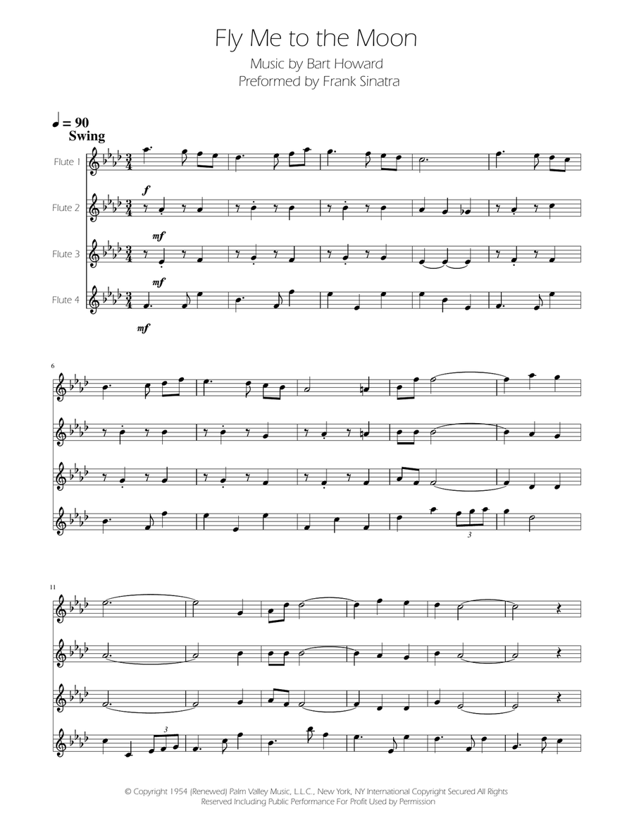 Fly Me To The Moon (In Other Words) Flute Quartet scores gallery preview page 1