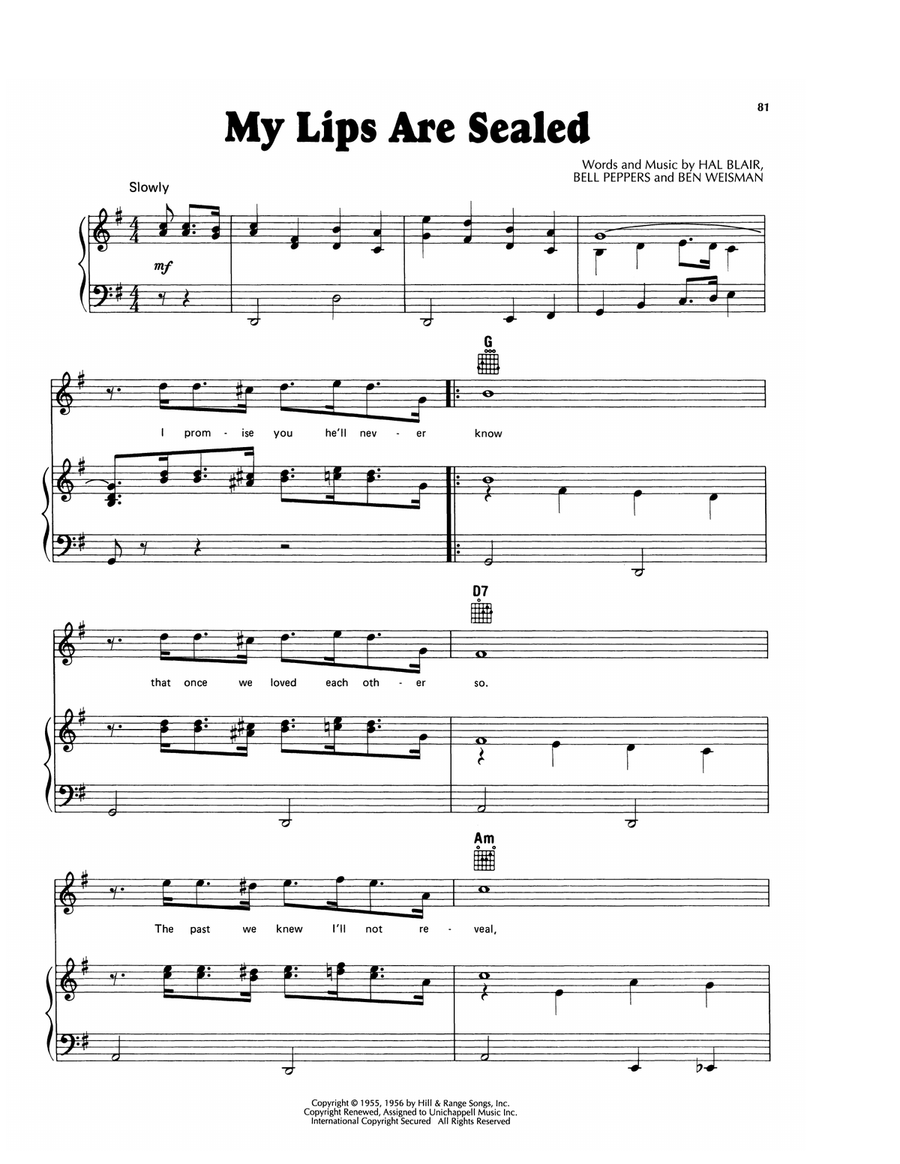 My Lips Are Sealed My Lips Are Sealed Piano, Vocal, Guitar scores gallery preview page 1