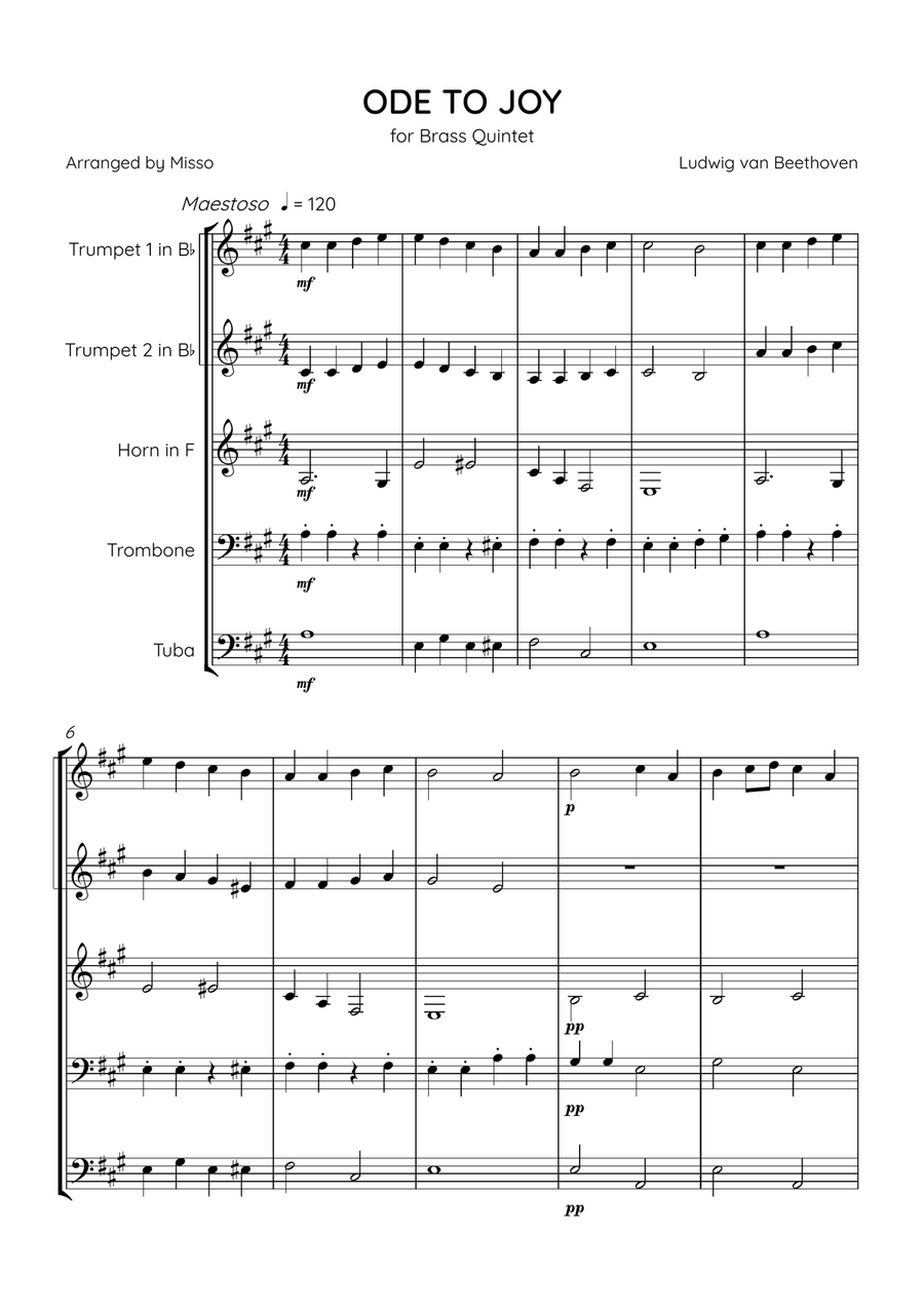 Ode To Joy - Brass Quintet in A Major - Beginner Level Brass Quintet scores gallery preview page 1
