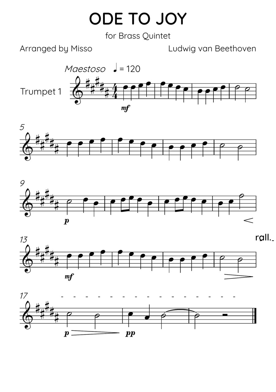 Ode To Joy - Brass Quintet in A Major - Beginner Level Brass Quintet scores gallery preview page 3