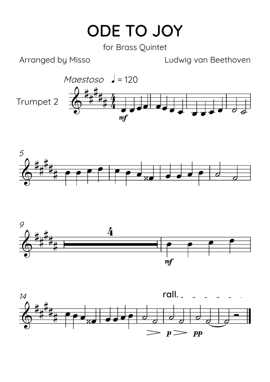 Ode To Joy - Brass Quintet in A Major - Beginner Level Brass Quintet scores gallery preview page 4