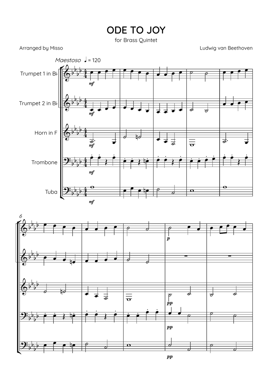 Ode To Joy - Brass Quintet in Ab Major - Beginner Level Brass Quintet scores gallery preview page 1