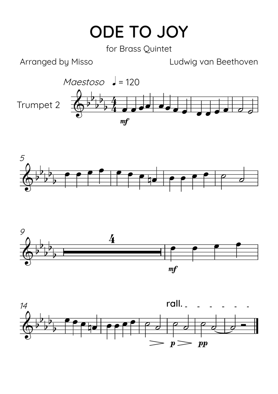 Ode To Joy - Brass Quintet in B Major - Beginner Level Brass Quintet scores gallery preview page 4