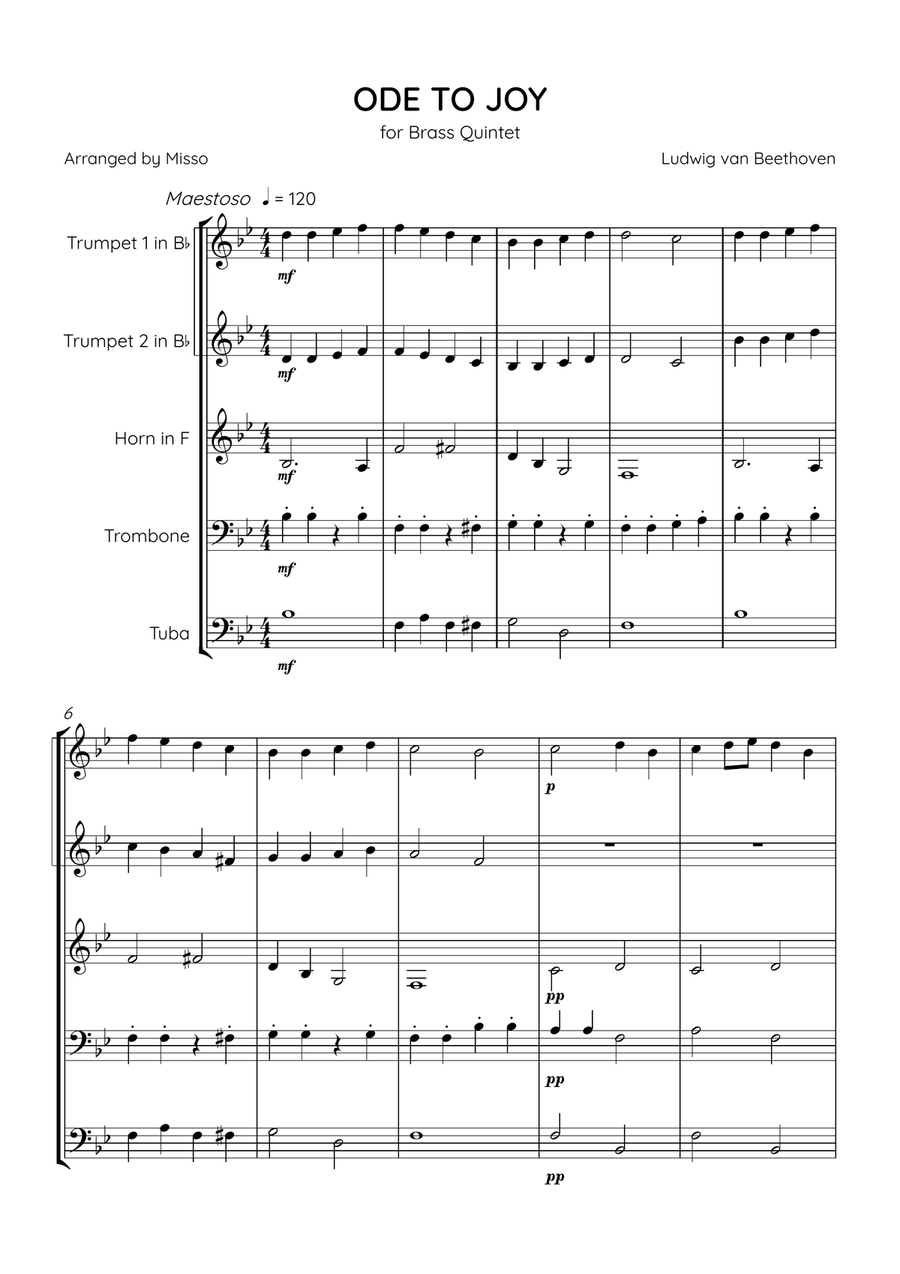 Ode To Joy - Brass Quintet in Bb Major - Beginner Level Brass Quintet scores gallery preview page 1