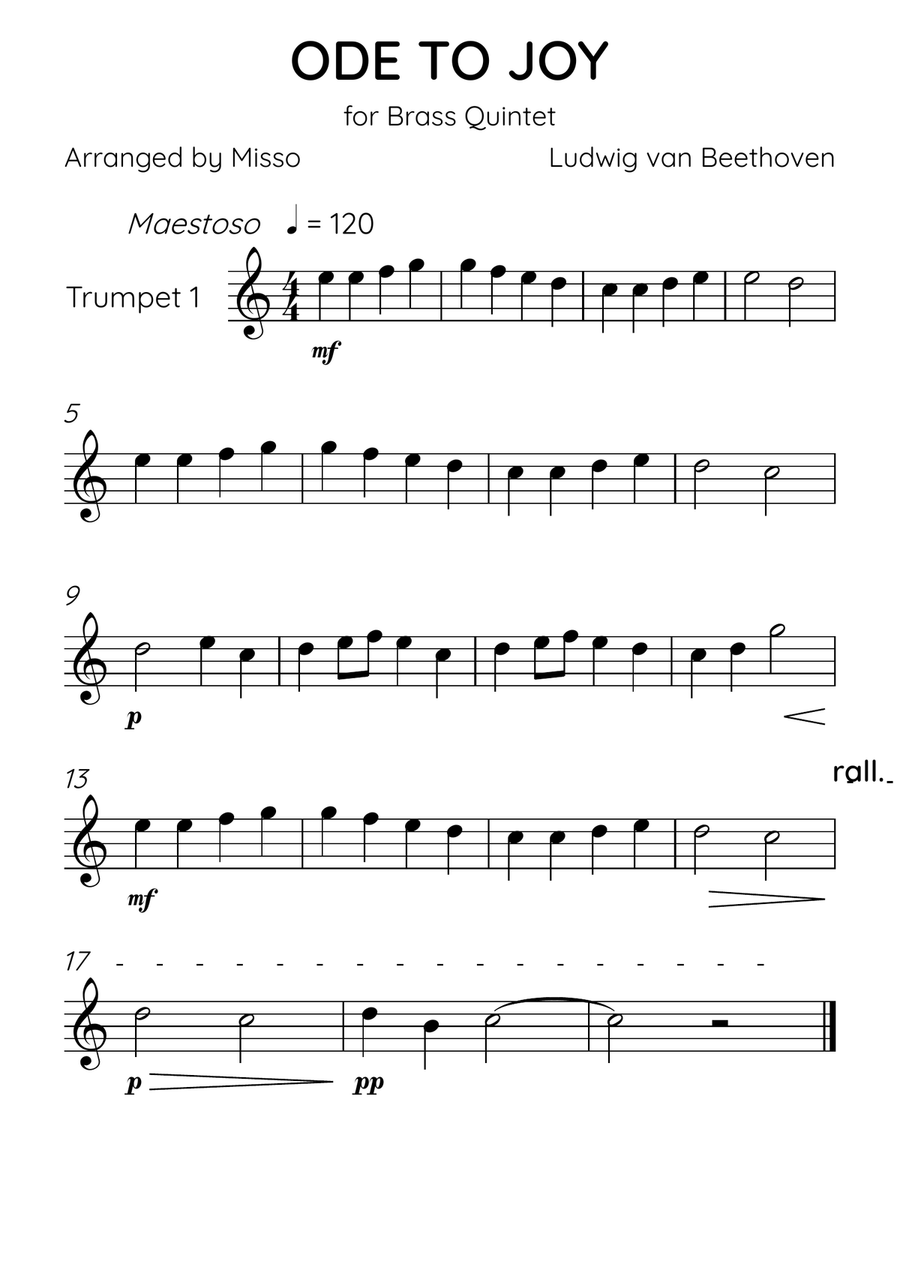 Ode To Joy - Brass Quintet in Bb Major - Beginner Level Brass Quintet scores gallery preview page 3