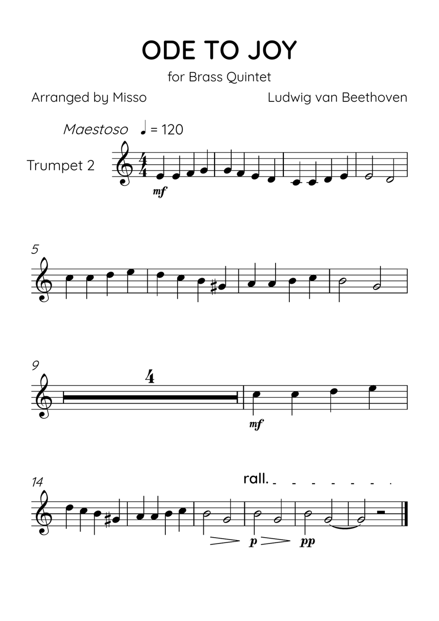 Ode To Joy - Brass Quintet in Bb Major - Beginner Level Brass Quintet scores gallery preview page 4