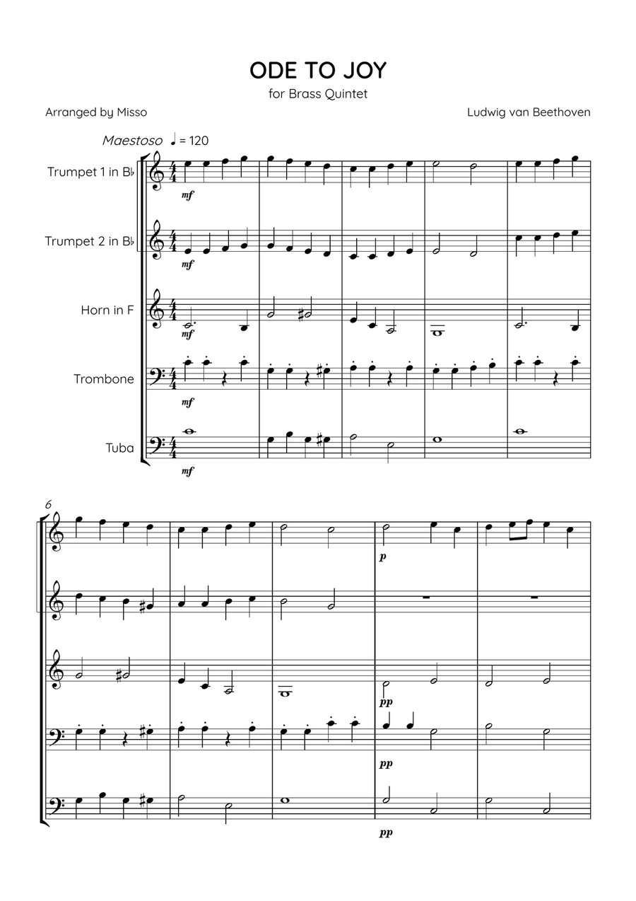 Ode To Joy - Brass Quintet in C Major - Beginner Level Brass Quintet scores gallery preview page 1