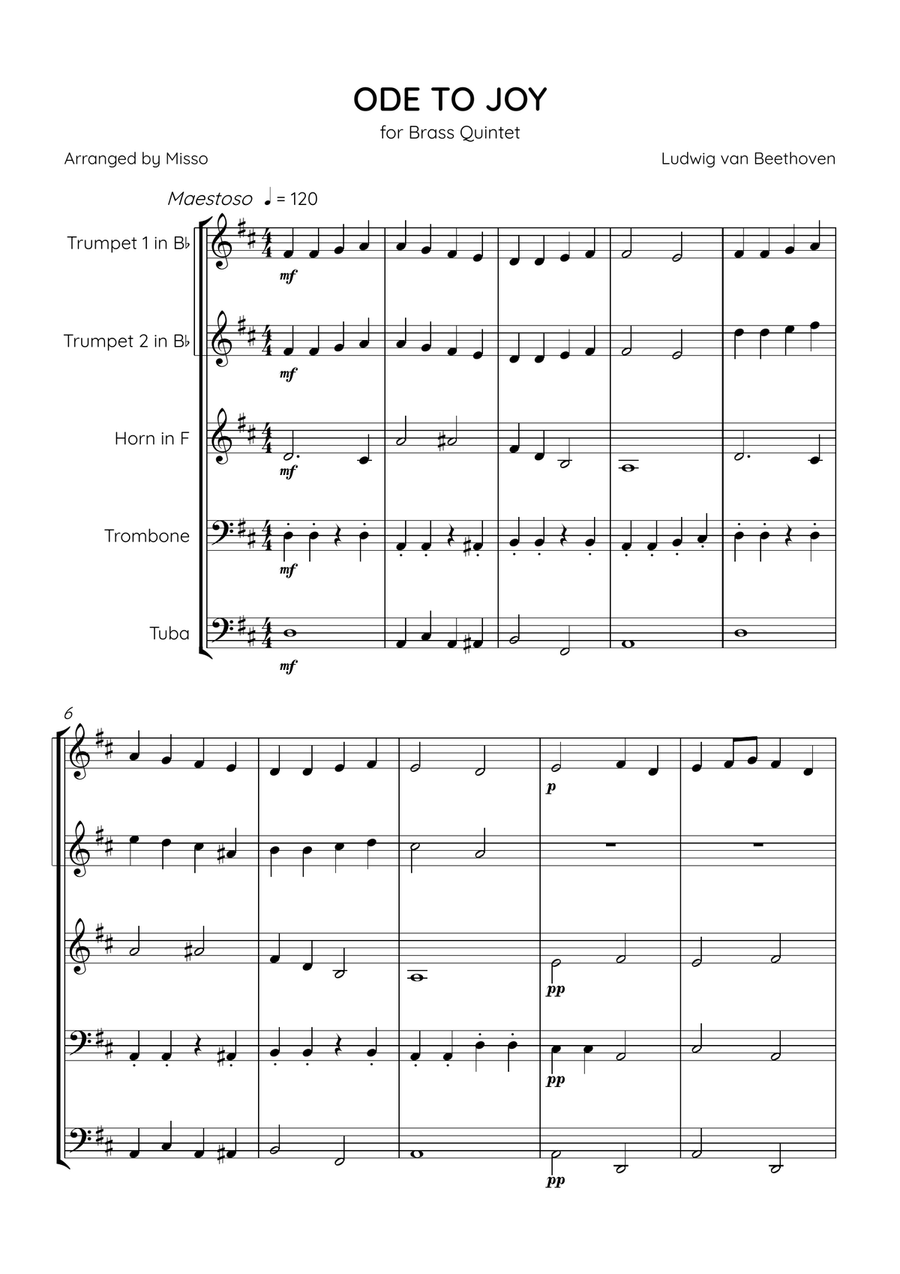 Ode To Joy - Brass Quintet in D Major - Beginner Level Brass Quintet scores gallery preview page 1