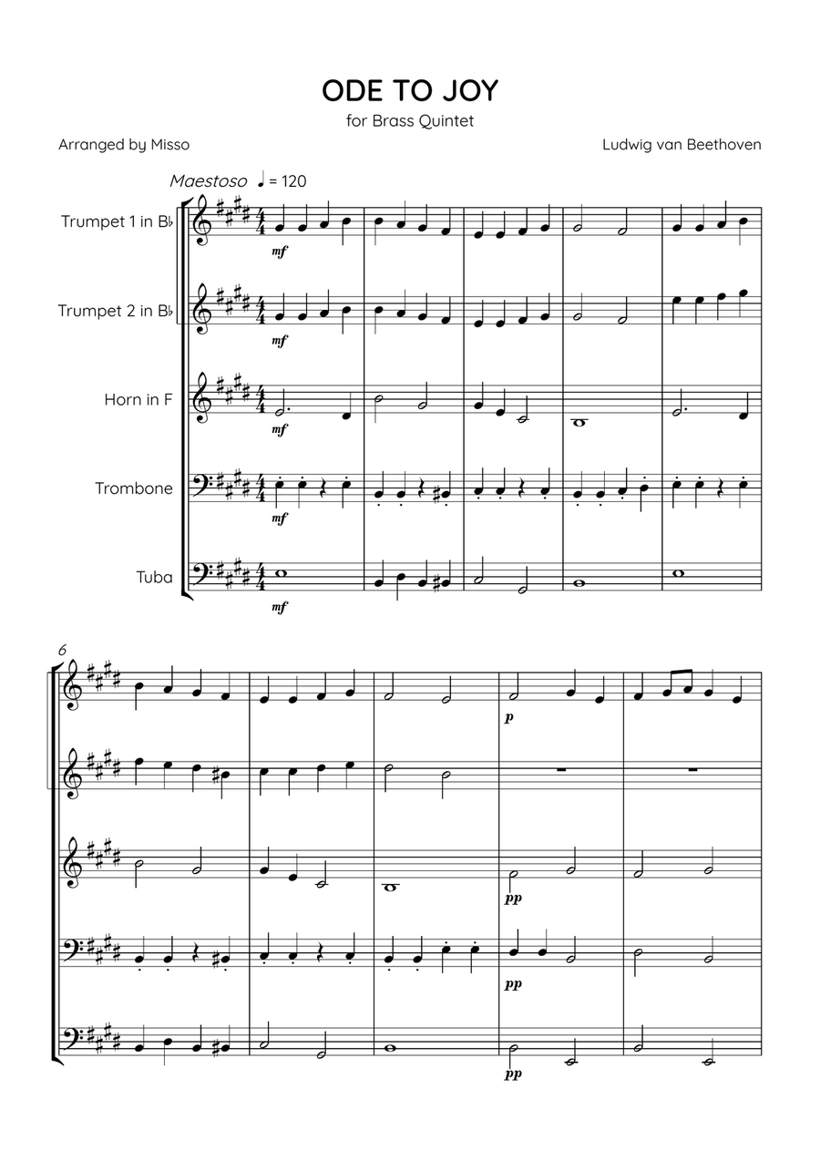 Ode To Joy - Brass Quintet in E Major - Beginner Level Brass Quintet scores gallery preview page 1