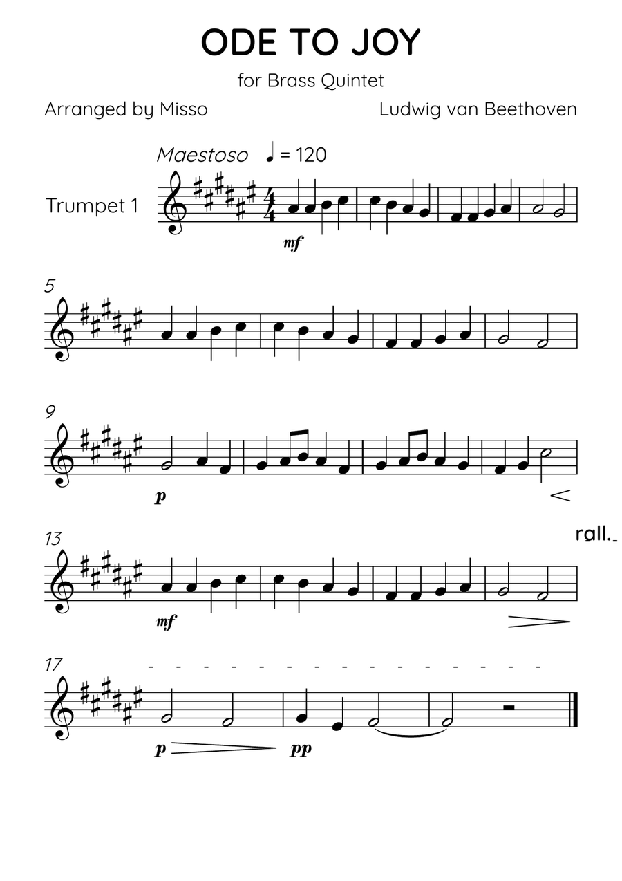 Ode To Joy - Brass Quintet in E Major - Beginner Level Brass Quintet scores gallery preview page 3