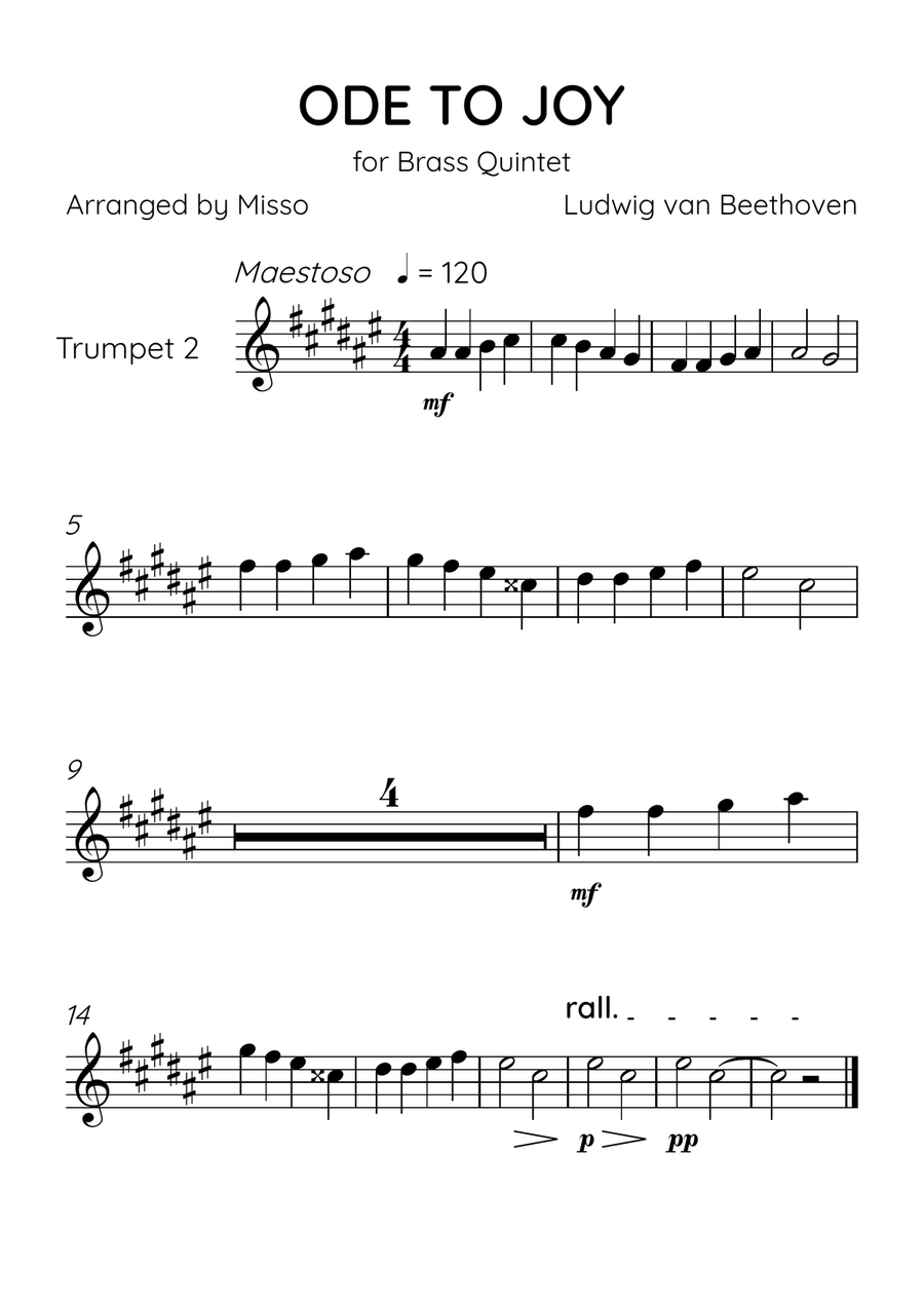Ode To Joy - Brass Quintet in E Major - Beginner Level Brass Quintet scores gallery preview page 4