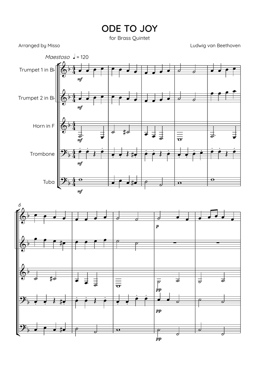Ode To Joy - Brass Quintet in F Major - Beginner Level Brass Quintet scores gallery preview page 1