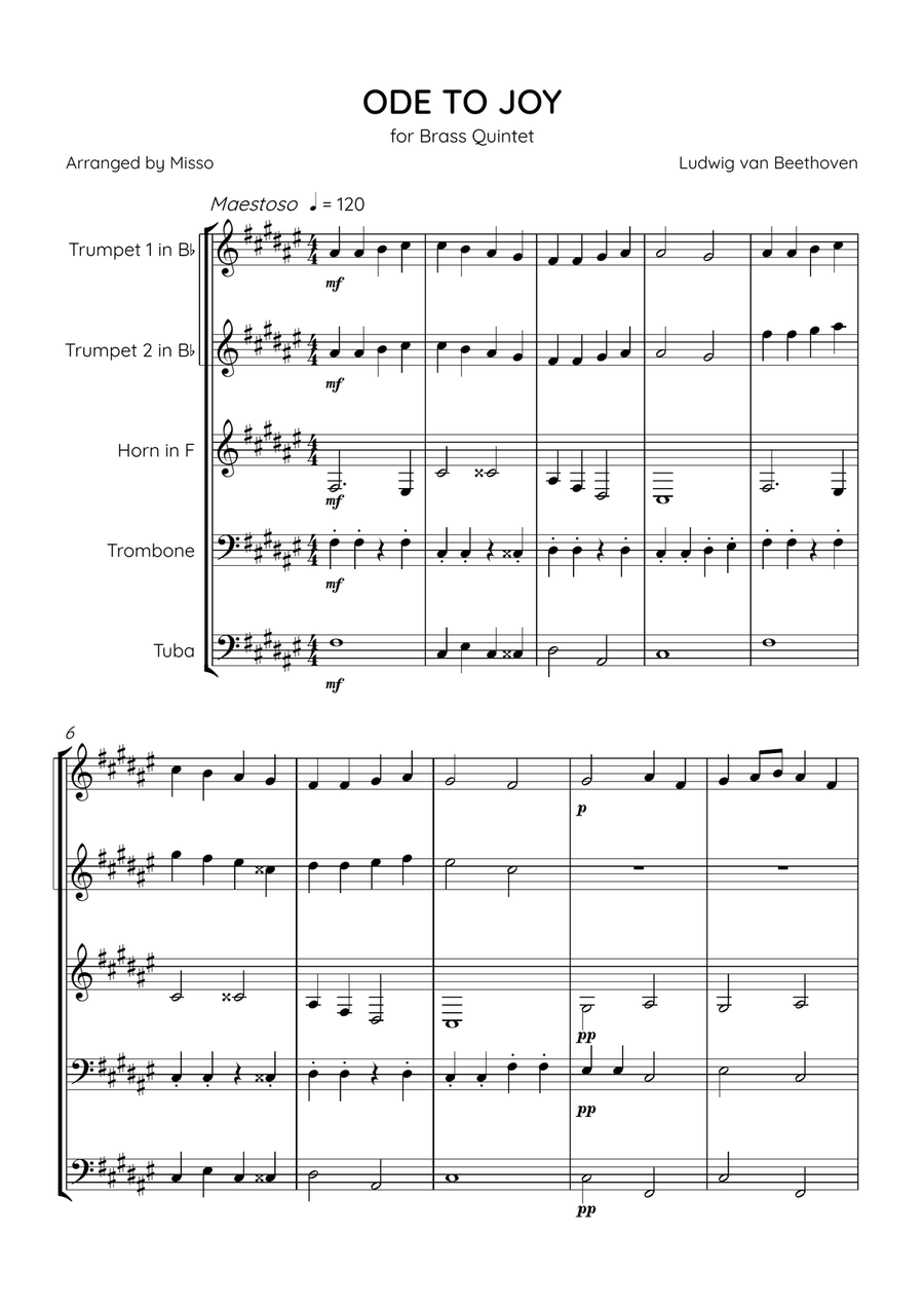 Ode To Joy - Brass Quintet in F# Major - Beginner Level Brass Quintet scores gallery preview page 1
