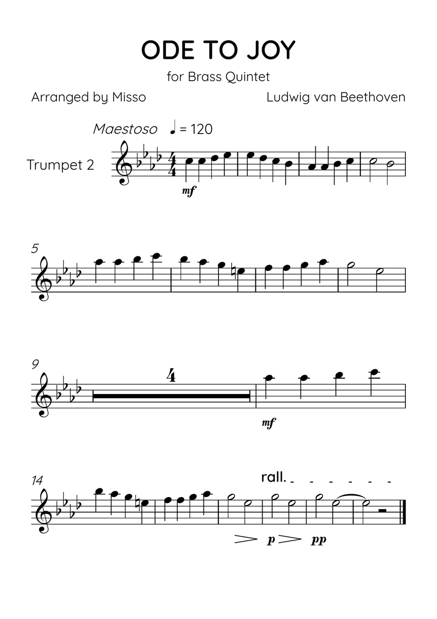 Ode To Joy - Brass Quintet in F# Major - Beginner Level Brass Quintet scores gallery preview page 4