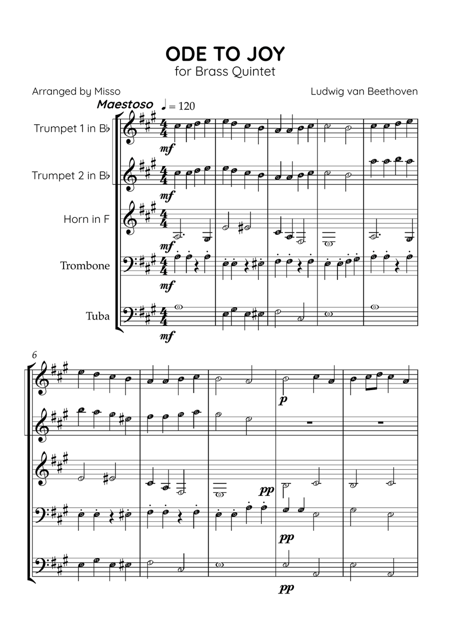 Ode to Joy - Brass Quintet in A Major - Beginner Letter Names - Sheet Music Brass Quintet scores gallery preview page 1