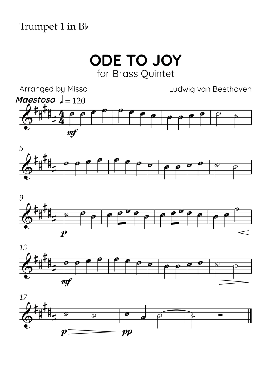 Ode to Joy - Brass Quintet in A Major - Beginner Letter Names - Sheet Music Brass Quintet scores gallery preview page 3