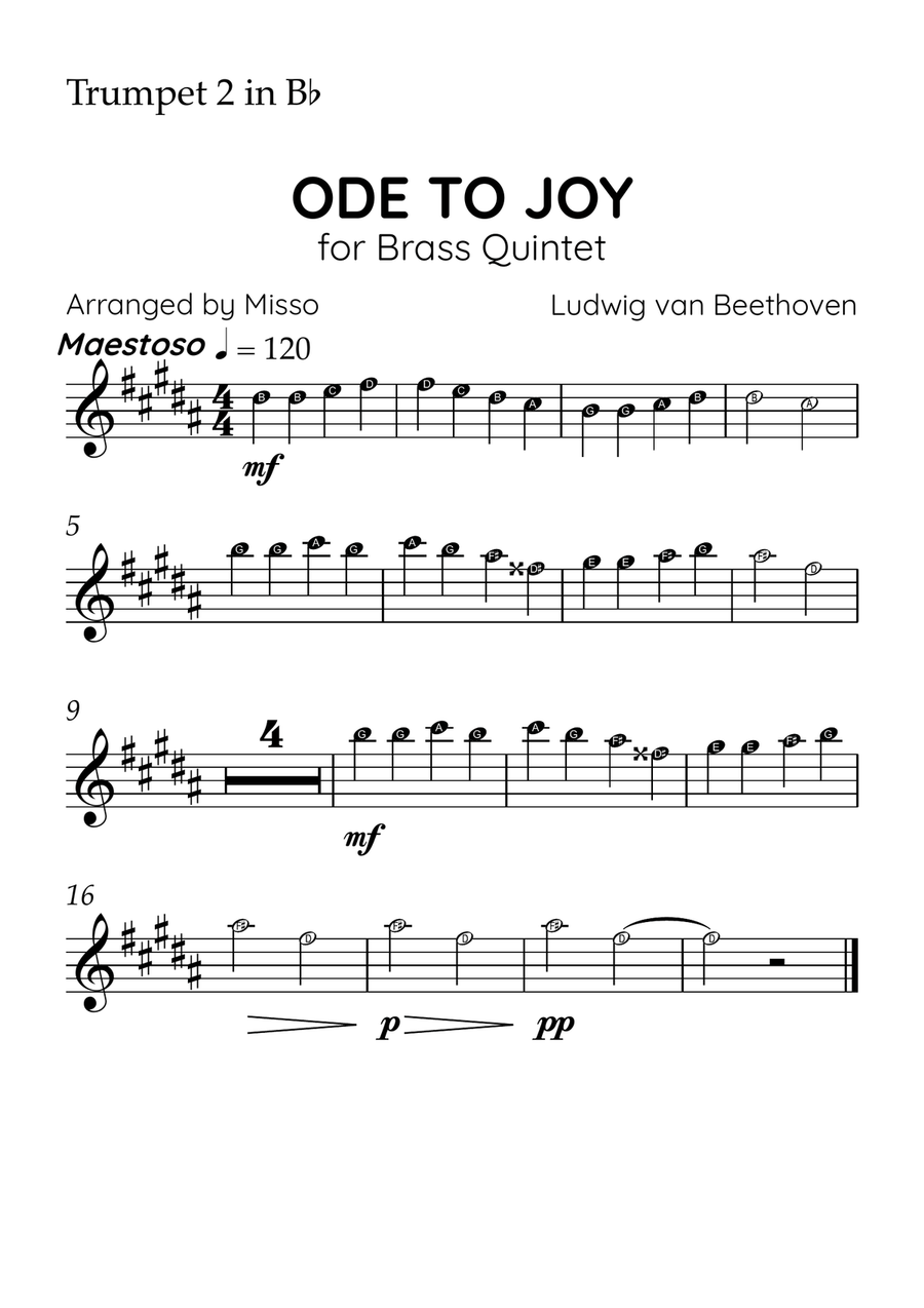 Ode to Joy - Brass Quintet in A Major - Beginner Letter Names - Sheet Music Brass Quintet scores gallery preview page 4