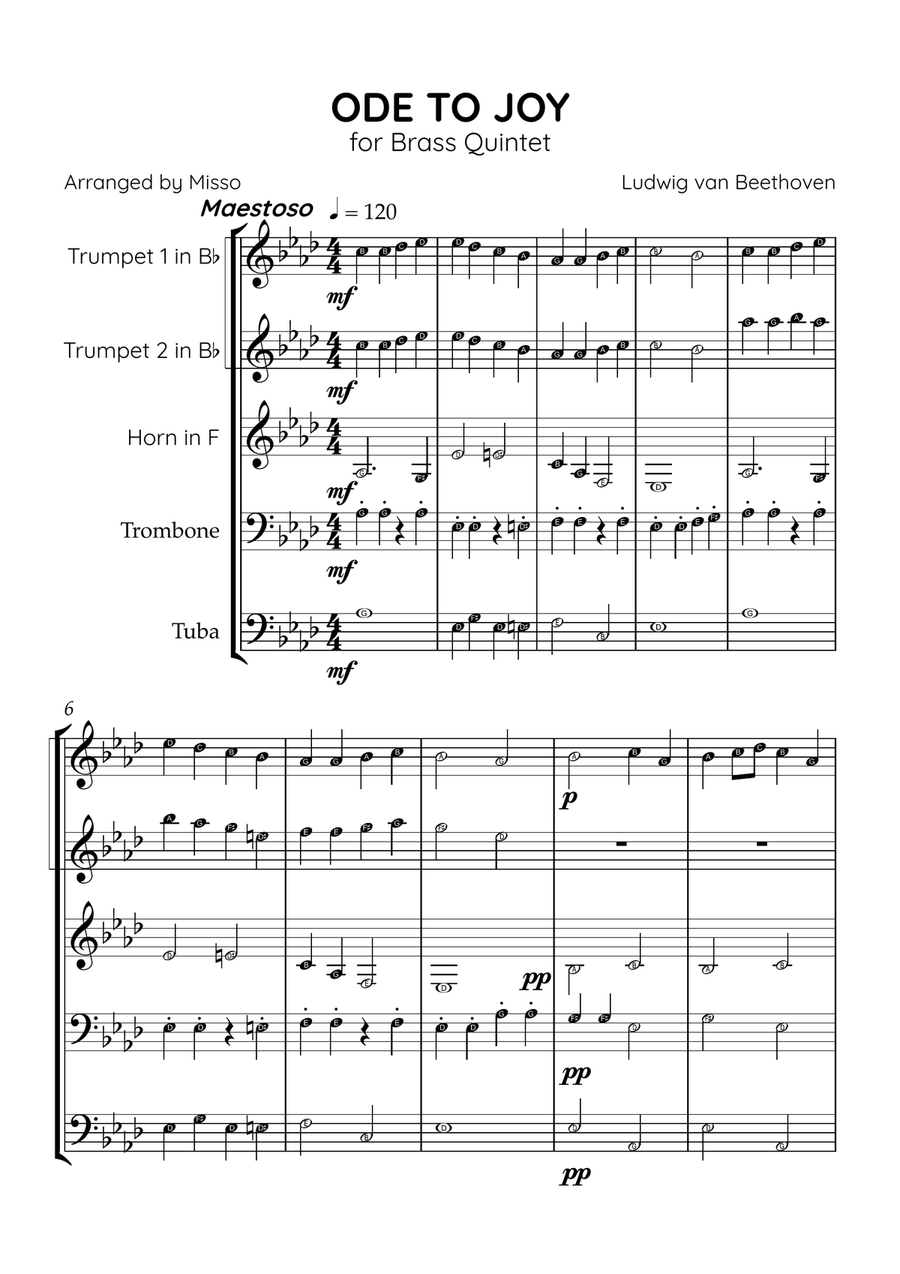 Ode to Joy - Brass Quintet in Ab Major - Beginner Letter Names - Sheet Music Brass Quintet scores gallery preview page 1